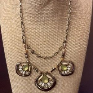 White House Black Market Green White Floral Medallion Gold Tone Necklace # 266